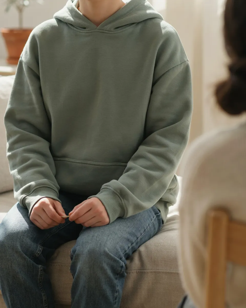 Adolescente de moletom sentado no sofá de um consultório, diante de uma terapeuta vista de costas (imagem gerada por IA)