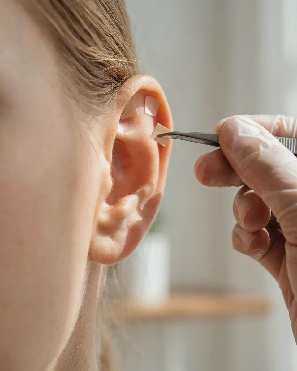 Pequenos adesivos sendo colocados na orelha com uma pinça, em uma sessão de auriculoterapia