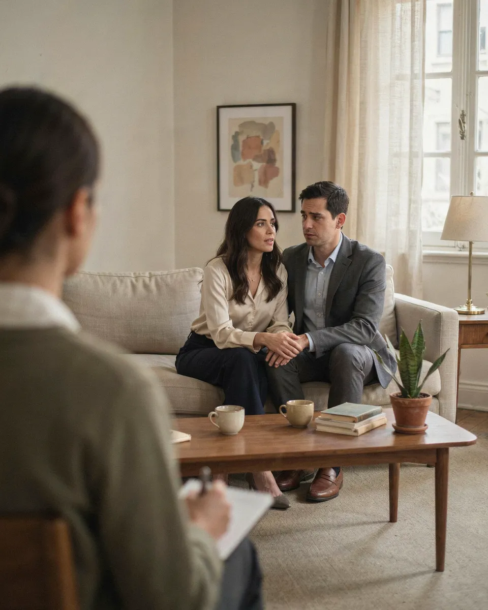 Casal de mãos dadas conversando em um consultório, diante de uma terapeuta vista de costas