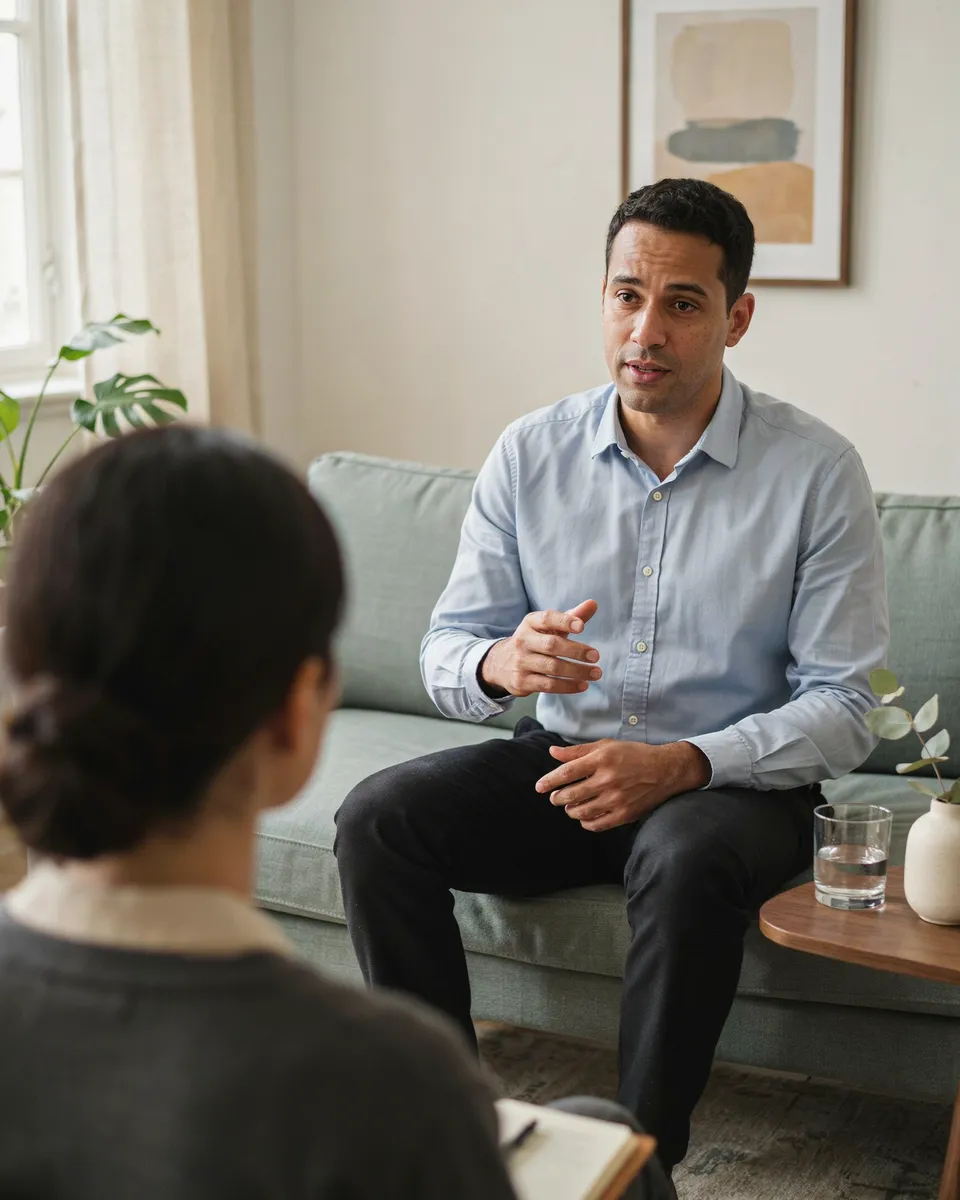 Homem conversando em um consultório, diante de uma terapeuta vista de costas